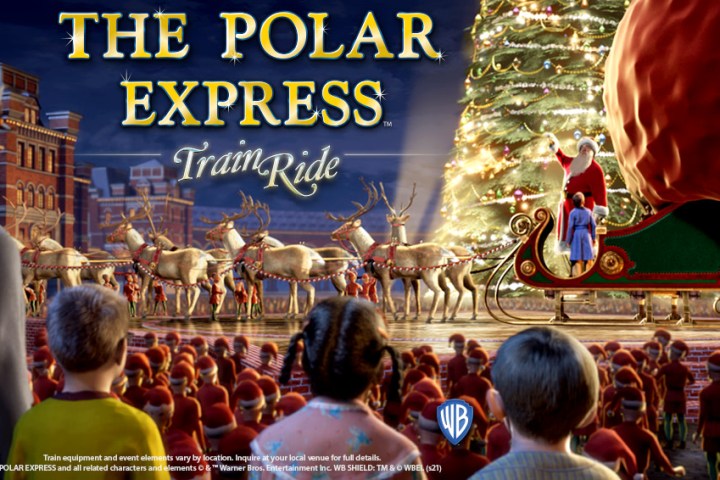 Santa on sleigh with reindeer and children, 'The Polar Express' text, Christmas tree in background.