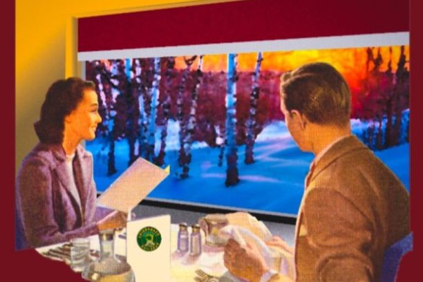 Valentine's dinner train ad with couple dining and detailed menu on burgundy background.