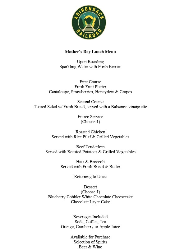 Adirondack Railroad Mother's Day Lunch menu with various courses and beverages.