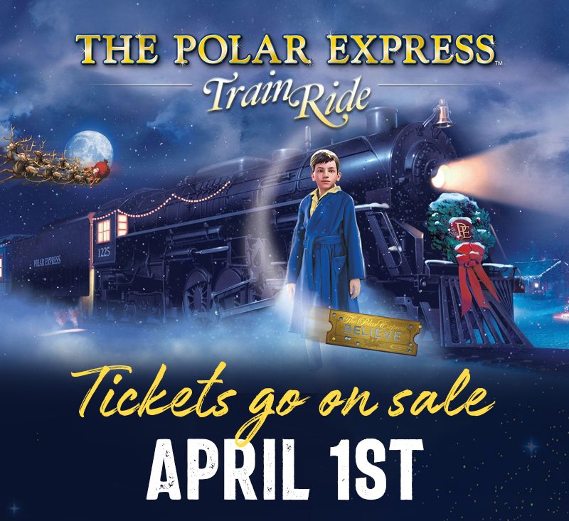 Polar Express train ride ad with tickets on sale April 1st, featuring a boy and train at night.