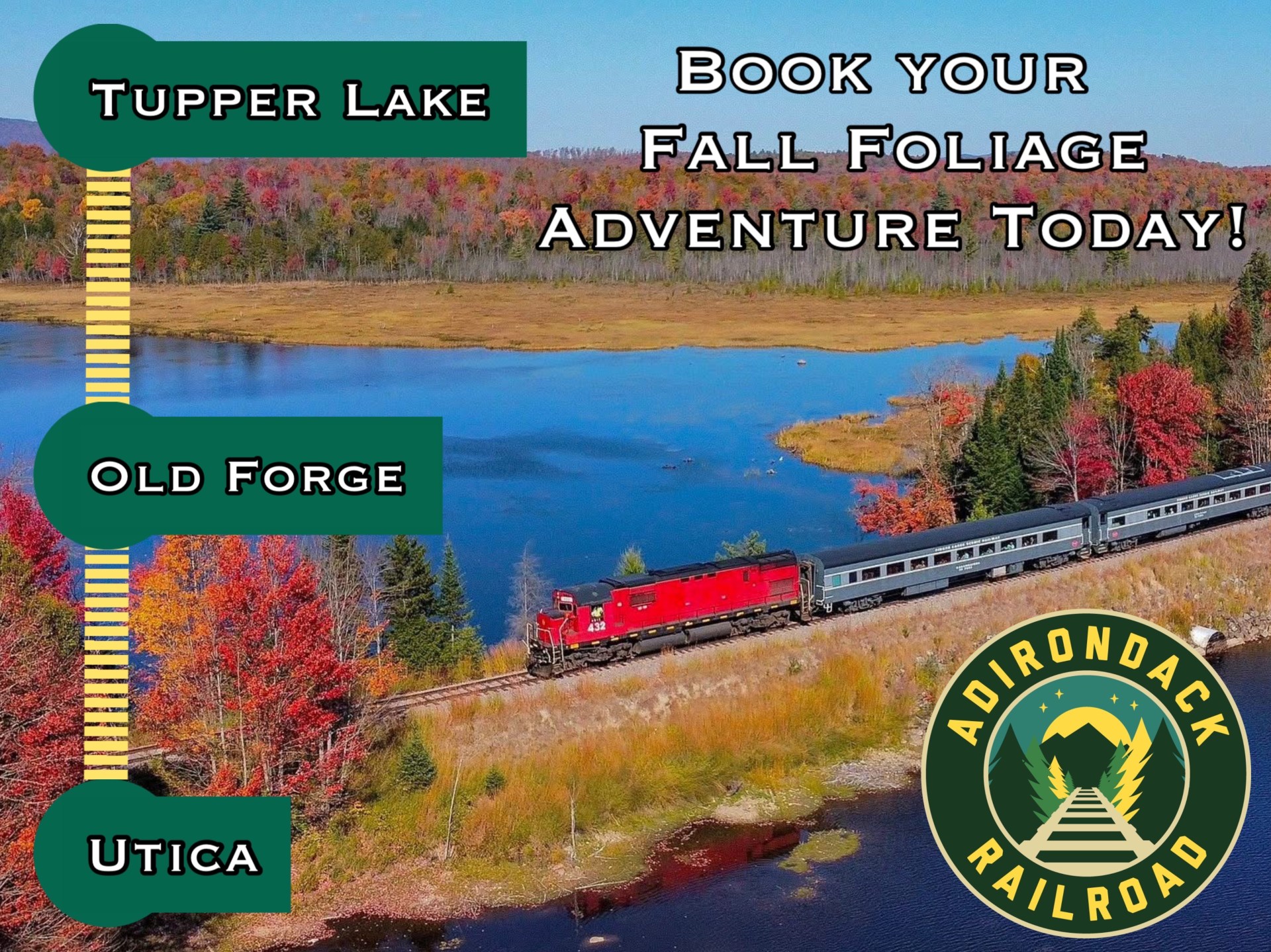 Train travels through autumn scenery near a lake, promoting Adirondack Railroad fall foliage tours.