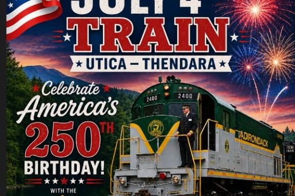 Train under fireworks with July 4th celebration text and American flag.