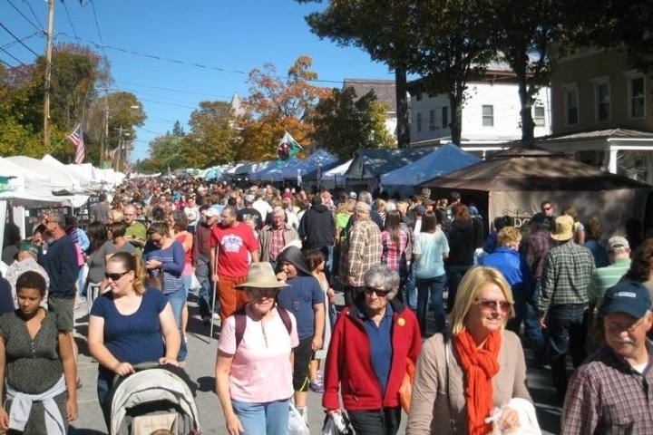 Crowded outdoor street market with people walking and shopping.