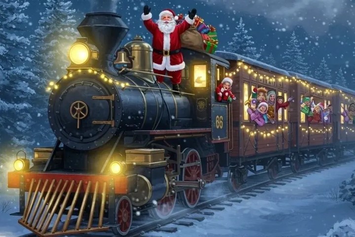 Santa on a festive train with lights in a snowy forest, waving with passengers.